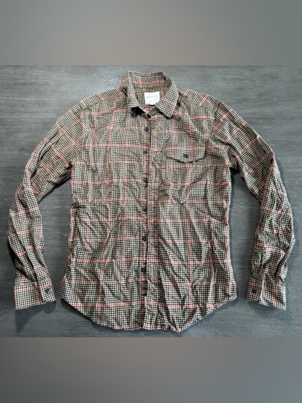 AEO Tan Red Black Plaid Button Down Shirt XS